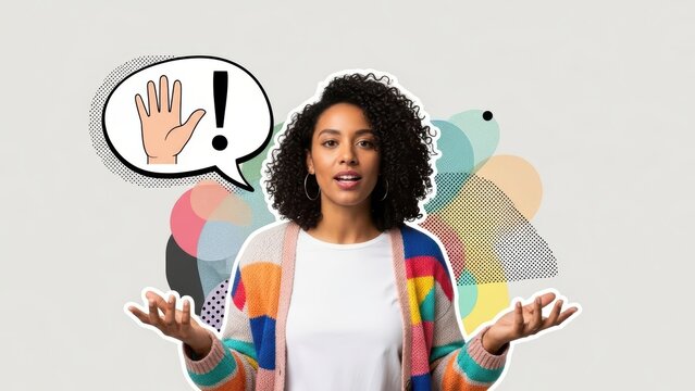 Woman with curly hair shrugs and gestures with hands, looking puzzled with a speech bubble showing a waving hand and exclamation mark floating above her head in confusion. - Powered by Adobe