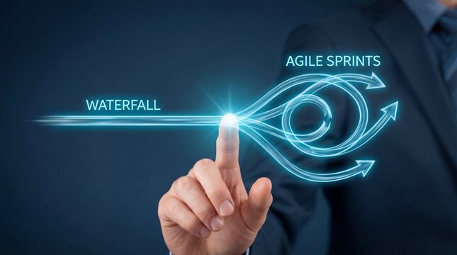 A businessman interacting with a digital agile sprints and waterfall graphic