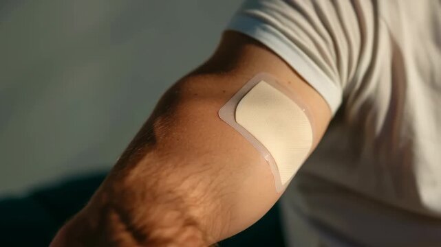 Close-up of man's arm with cgm sensor or medical patch