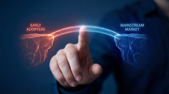 A hand pointing to a glowing line between early adopters and mainstream market