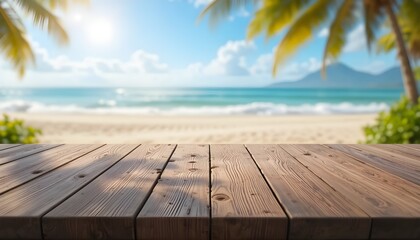Wooden Tabletop with Blurred Summer Beach and Sunny Sky Background for Display or Mockup