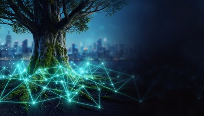 Vibrant tree roots with glowing network lines in urban backdrop, symbolizing nature's connection with technology, for sustainability, innovation, and digital transformation.