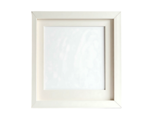 Square white picture frame with a white matte against a black background