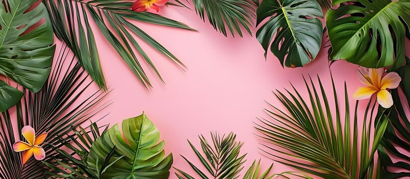 Pink backgrounds with tropical plants and flowers with space for text