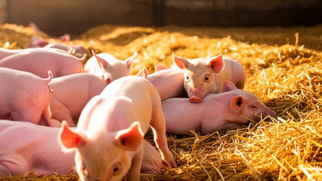 Group of cute pink piglets playing and resting on straw in a warm barn, agricultural farm animal footage