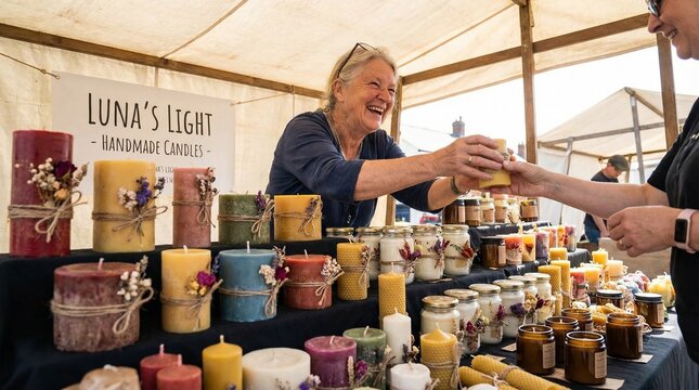 Elderly woman selling handmade candles at market stall with customer  