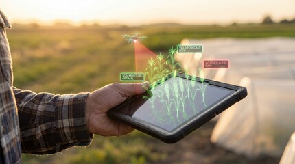 A farmer uses a tablet to monitor crop health in a field