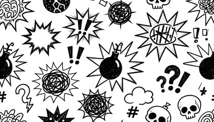 Hand-drawn comic book explosion and punctuation symbols seamless pattern
