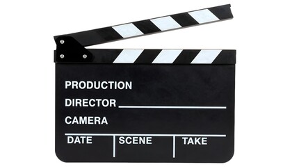 Fototapeta premium Classic black movie clapperboard with white stripes, ready for action on set