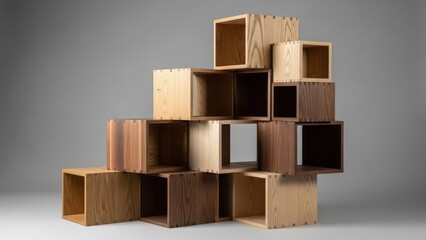 Obraz premium Modern wooden modular shelving unit against gray background