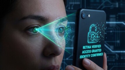 A woman using a smartphone with retina verification for secure access