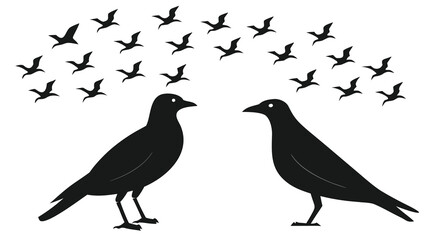 Obraz premium Two birds facing each other with a flock of birds flying above depicted in a simple black and white style