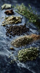 shallow. Artistic display of dried herbs and spices arranged on a dark marble surface with soft lighting. menu design, packaging mockups, designed for food delivery and cloud-kitchen brand materials.
