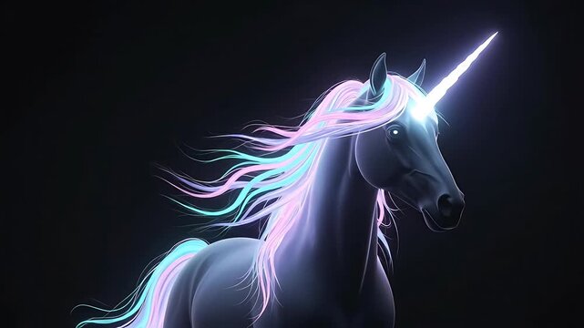 Majestic black unicorn with glowing neon mane standing on dark background in magical fantasy style

