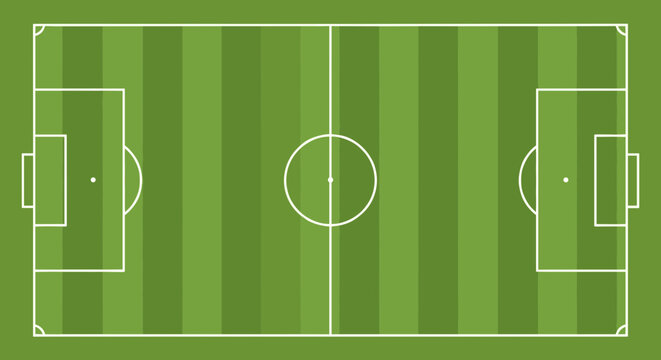 Detailed illustration of a soccer field with striped grass and marked boundaries.