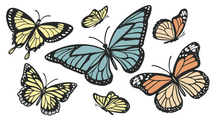 A vibrant collection of sketched butterflies displaying intricate wing patterns and pastel color variations high quality