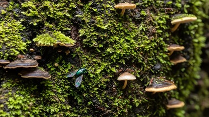 Fototapeta premium Rainforest Tree Trunk Ecosystem with Wild Mushrooms, Green Moss, Ants, and a Metallic Beetle