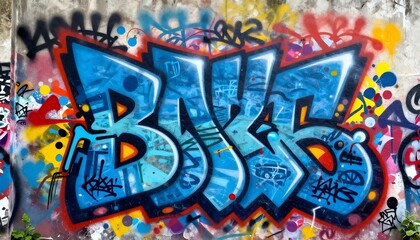 Naklejka premium Vibrant blue graffiti art with bold lettering and colorful abstract splashes on a concrete wall