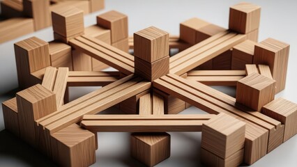 Intricate wooden block structure showcasing geometric precision