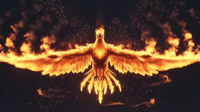 Fiery phoenix bird rising and spreading wings from dark water with epic glowing embers
