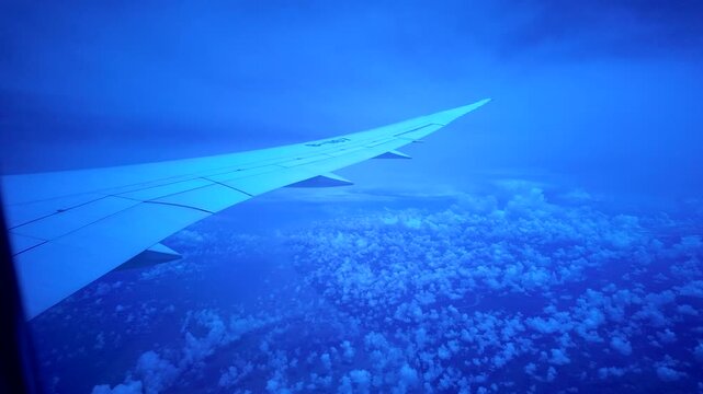 Airplane Wing Above Clouds In Blue Twilight