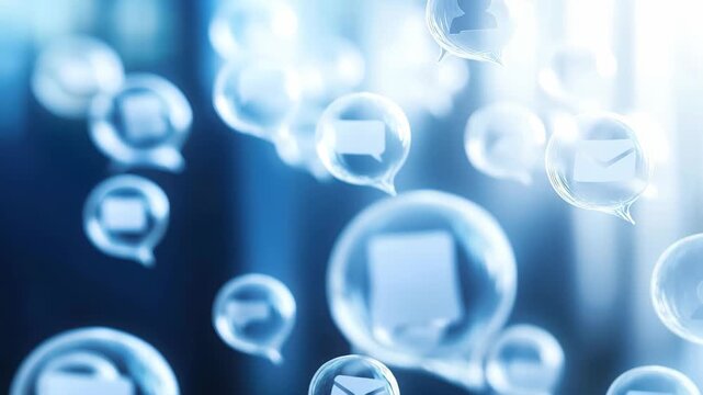 Colorful chat bubbles with messaging icons floating against a blue background in a digital setting, chat bubbles people sending messages hd