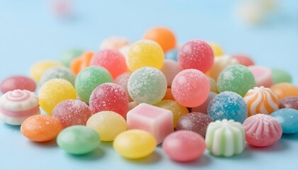 A vibrant assortment of colorful sugar-coated candies scattered on a pastel blue background