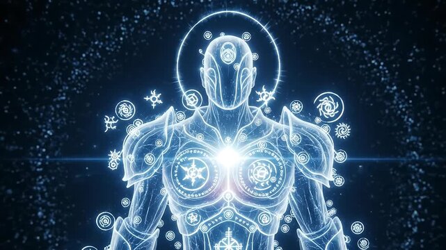 Celestial knight glowing with mystical sigils in deep space with ethereal blue lighting
