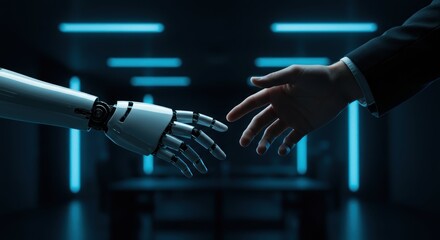 Robot and Human Hand Reaching in Dark, Futuristic Setting with Blue Neon Lights