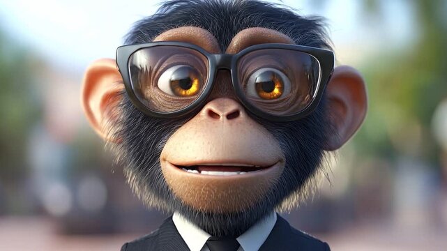 Animated chimpanzee wearing glasses and a suit looking smart and intelligent.