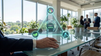 A businessman interacting with a futuristic digital interface in a modern office