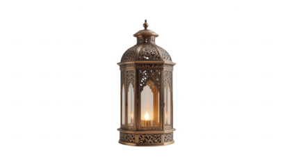 Elegant antique bronze Moroccan lantern featuring intricate filigree metalwork and a soft glowing faux candle flame on transparent background