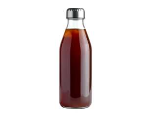Transparent glass bottle with dark liquid and silver cap on black background