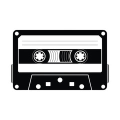 a black and white illustration depicting a classic audio cassette tape design