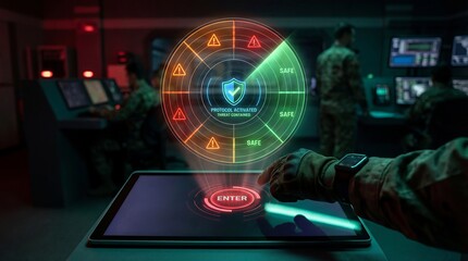 A soldier interacts with a futuristic digital interface for cyber security