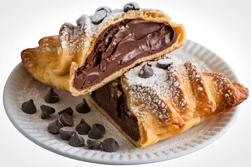 A photo of a chocolate-filled turnover cut in half