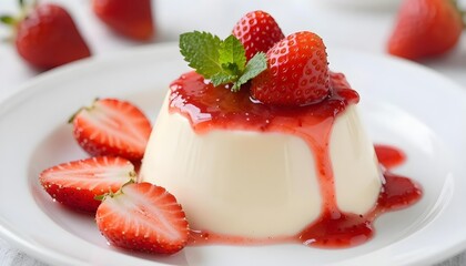 Delicious Panna Cotta Dessert Topped with Fresh Strawberries and Strawberry Coulis
