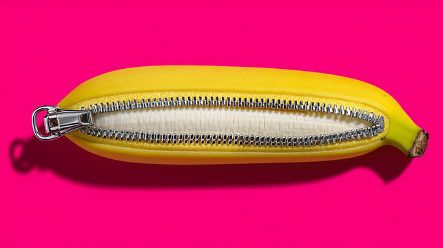 Creative yellow banana with silver zipper open on vibrant pink background showing surreal fruit concept and funny playful art style fresh food