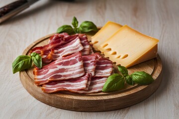 raw bacon and cheese on a wooden cutting board