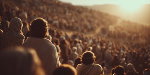 Large gathering of people listening to Jesus during sunset on a hillside in a historical setting