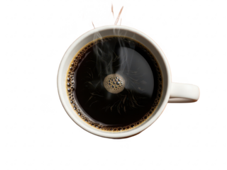 Steaming cup of black coffee in a white mug isolated on transparent background