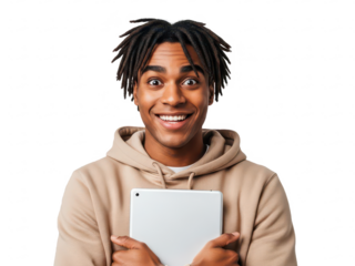 Young man holding a digital tablet with a happy expression isolated on transparent background