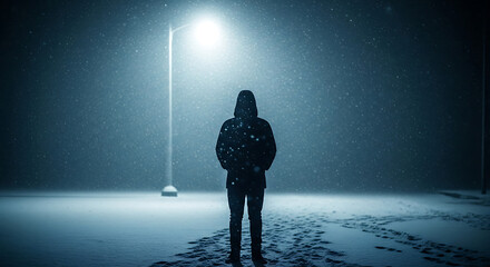 A lone figure, cloaked in a hooded jacket, stands under a bright street lamp in a heavy snowfall. Footprints mark the path in the snow