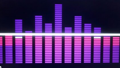 Digital audio equalizer bars display vibrant purple and pink colors on a dark background