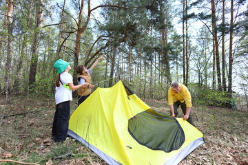 A father and two kids assemble a bright yellow tent in a pine forest. Teamwork, curiosity, and family bonding shine as they prepare for an outdoor adventure.