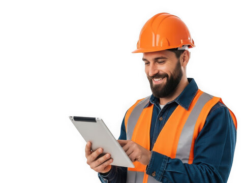 Construction worker using tablet isolated on transparent background