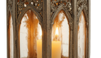 Close up view of an antique gothic style lantern featuring two glowing pillar candles illuminating the intricately detailed aged metal frame on transparent background
