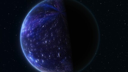 Abstract realistic space spinning planet round sphere with a blue water surface in space against the background of stars © Bolbik