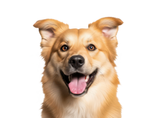 Happy golden dog with tongue out and ears up isolated on transparent background