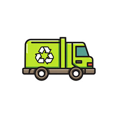 Fototapeta premium Green Recycling Truck Icon Flat Style Outline Isolated on White Background for Eco-Friendly Services
